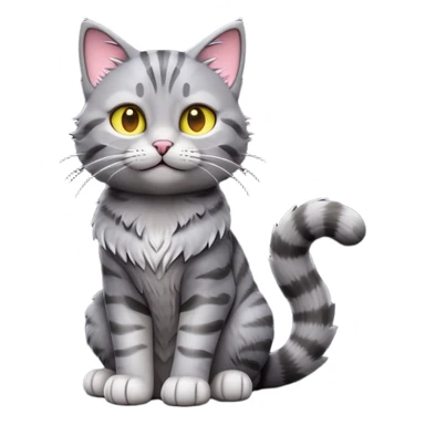 cinematic-[grey tabby cat]-realistic-full-body-sitting-emoji,-tail-curled-playfully-around-its-paws,-head-tilted-dramatically,-scruffy-[grey]-fur,-simplified-yet-realistic-focused-features,-highly-detailed,-glowing-with-an-almost-sarcastic-glow sticker