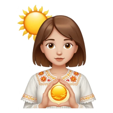 A young Ukrainian girl with brown hair wearing a white embroidered shirt holds the sun in her hands sticker