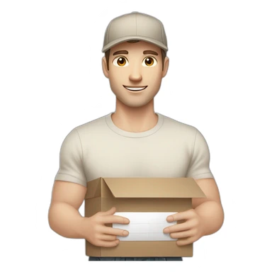 Pale skinned fit Man with dark brown hair in a beige cap, gray jeans, brown polo and white T-shirt keeping a pasted with tape white box into his hands sticker