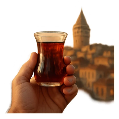 hand holding a Turkish tea glass, with a cityscape in the background, warm and inviting atmosphere, detailed, realistic sticker