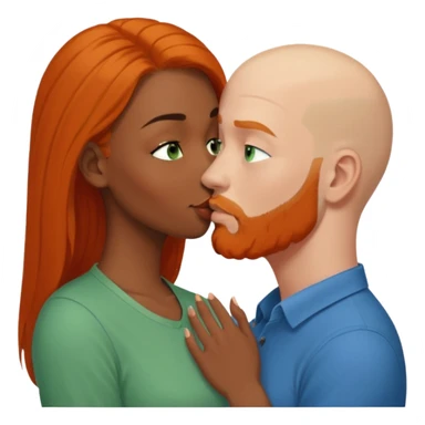 black women with brown eyes. She has long balayage brown/black hair. She is wearing a blue shirt. She is kissing bald white man in a green shirt The White man is 47yrs old, pale, green eyes has orange facial hair and long orange beard. They are having an intimate moment between lovers sticker