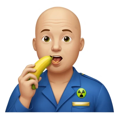 bald a bit fat man in a blue uniform eating radioactive banana sticker