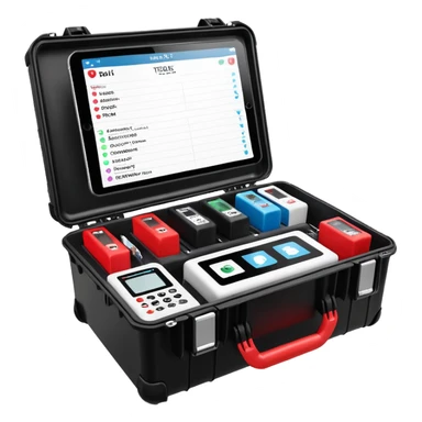 An open, black outdoor test case.Interior: control panel with colored test jacks, USB ports, and a power outlet. A red test probe is located next to it. On the left side of the case is a large roll of white, round test labels displaying QR codes.  sticker