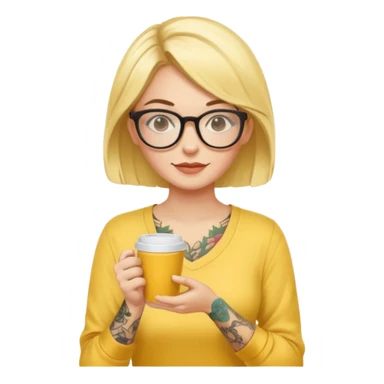 gözlük takan, dövmeli ve elinde kahve tutan, yaz kıyafetli bir kadın. kıyafeti sarı olsun sticker