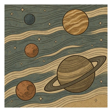 ukiyo-e style cosmic landscape with planets and stars, inspired by Interstellar sticker