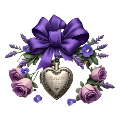A midnight purple silk bow wraps around a bundle of wilted lavender sprigs, velvety pansies, and blush-violet roses, resting on an aged wooden table. Nearby, an antique silver locket shaped like a heart, engraved with tiny celestial stars, glistens faintly under the dim candlelight. sticker