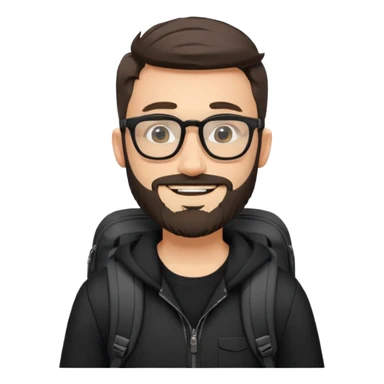 A stylish adventorous man in a complete black outfit with glasses and backpack and beard sticker