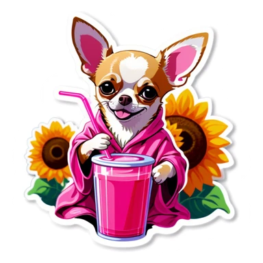 Chihuahua in a sunflower robe drinking a pink drink from a straw   sticker
