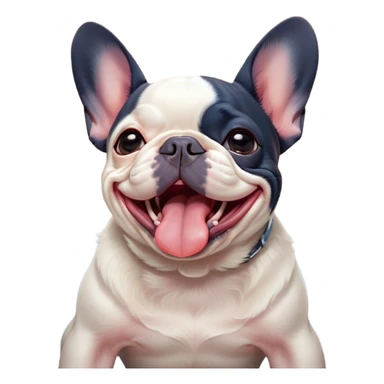 Cinematic Cute Yawning Pied French Bulldog Portrait Emoji, Head tilted with an exaggerated, endearing yawn and sleepy, squinty eyes, showcasing a unique pied fur of contrasting colors with a playful expression, simplified yet irresistibly adorable, highly detailed, glowing with a soft, cozy radiance, high shine, exuding a relaxed, humorous charm, styled with a gentle, soft glowing outline, capturing the essence of a Pied French Bulldog in a blissfully cute yawn that warms the heart! sticker