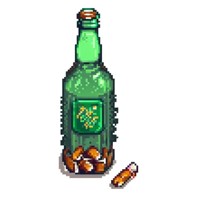 Add a few cigarette butts leaning against the green beer bottle in pixel art style. Keep the background transparent. sticker