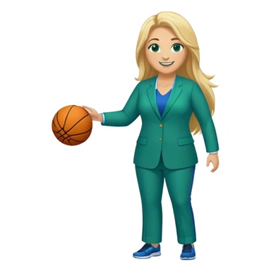 Full Body white plus size female basketball head coach with long blonde hair in a blue and green suit smiling sticker