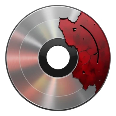 Minimalist emoji-style sticker of a single CD with a sharp crack and a dried blood spot. View from above, black, gray, and muted red.
 sticker