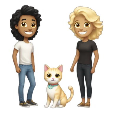 Gay couple, 1 Latino black hair, the other one Australian blonde hair with a cat in the middle laughing full body sticker