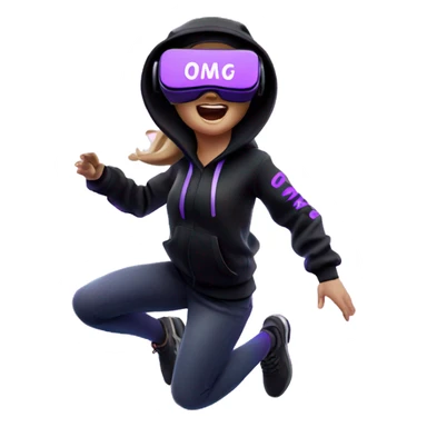 Russian girl wearing black hoody with violet letters "OMG", in vr headset oculus quest2. jumping. Cyberpunk style. Violet neon. sticker