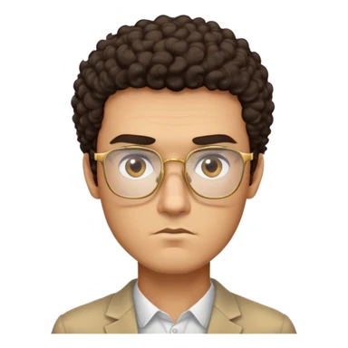 Square-faced man with thick eyebrows, short dark curly hair, slight scruff, serious expression, large square gold-rimmed glasses sticker