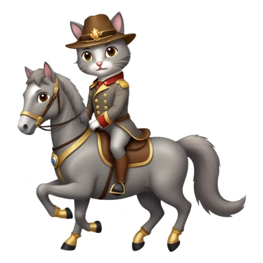 A dashing cat wearing stylish boots, riding a majestic horse with a confident smirk, in a cartoonish emoji style sticker