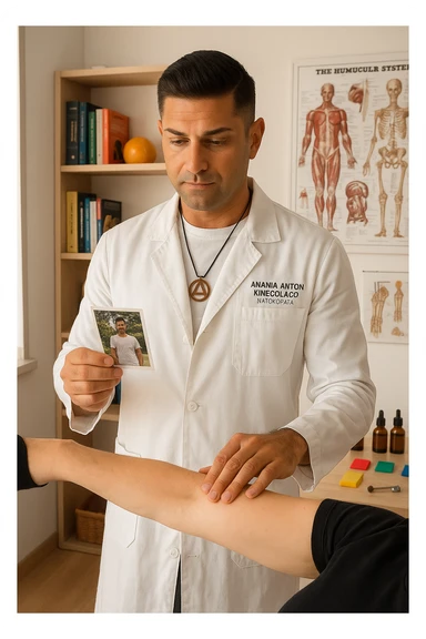 a middle-aged man, dressed in casual professional attire, is in a bright, organized therapy studio. Durante una visita di kinesiologia, il testimone tiene con una mano la foto di una persona lontana (il “testimone”) tiene la foto in mano, mentre con l’altra mano esegue un test muscolare su un cliente presente. Sullo sfondo si vedono libri di kinesiologia, poster anatomici e strumenti tipici della disciplina. L’atmosfera è concentrata e serena, con luce naturale che entra dalla finestra, sottolineando l’aspetto alternativo e umano della pratica. sticker