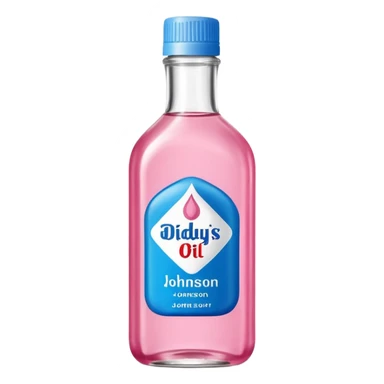 bottle of oil blue top pink outside with logo that says Diddys Oil Johnson and Johnson bottle  sticker