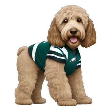 Light brown Labradoodle wearing a Philadelphia eagles jersey sticker