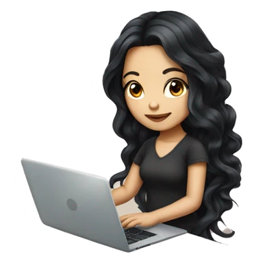 beautiful girl with tattoos, with long black hair, wavy hair, chinese, with laptop sticker