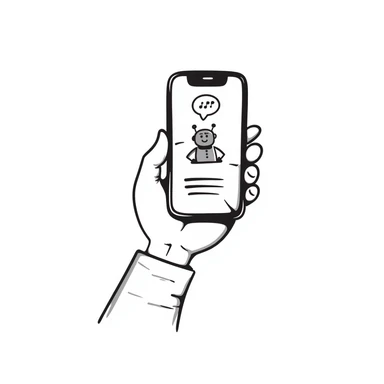 Hand holding an iPhone with WhatsApp open, chatting with a robot or AI bot sticker