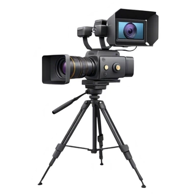 Create an emoji for video recording. Show a  single lens professional video camera with screen and image on it, on heavy tripod. Use modern, professional colors. Do not include any emojis or smiley faces. Make the background transparent. sticker