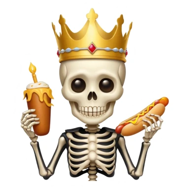 A cute skeleton wearing crown and holding hot dog sticker