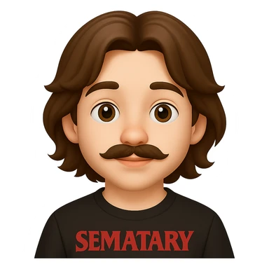 Make the chubby man look younger and have him wear Semetary merch. The original style is emoji style, which does not support editing, so use the general style editor while respecting the emoji style look. sticker