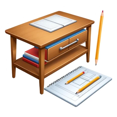 Icon for Furniture Design: a furniture drawing with 3D models of furniture pieces placed on top, accompanied by rulers and a pencil. The icon should represent the design process with focus on precision and modeling. Transparent background. sticker