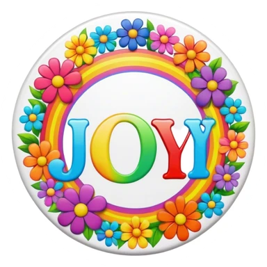 A round psychedelic colored button that says joy with rainbow colored hippie style flowers sticker