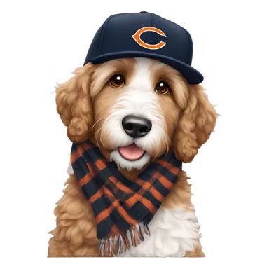 Bernedoodle with chicago bears hat and scarf sticker