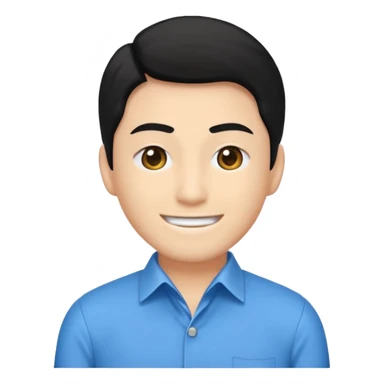 Crea un emoji de Satoru Gojo un hombre de tés blanca sonriendo con ojos azules cristalinos pelo blanco pero que se vea joven y pestañas blancas y su ropa sea una camisa negra pero plana ósea como un suéter y dos botones amarillos y  que solo salga de sus hombros asta arriba  sticker