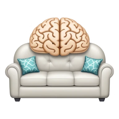 An icon featuring a brain, a couch, and a psychological test, symbolizing the study of psychology. The design includes abstract patterns representing the mind, with a calm, therapeutic setting in the background. Transparent background highlights the exploration of human behavior and mental health. sticker