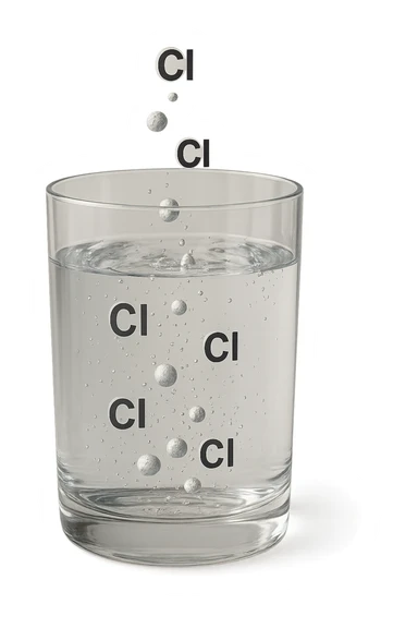 un bicchiere di acqua fluttua in aria realistico e dettagliato, dentro l'acqua del bicchiere ci sono particelle di cloro ben visibili con la scritta "Cl" sopra, ci sono particelle anche che escono dal bicchiere e fluttuano in aria verticalmente, mentre alcune sono all'interno dell'acqua nel bicchiere, iperrealistico 4k sticker