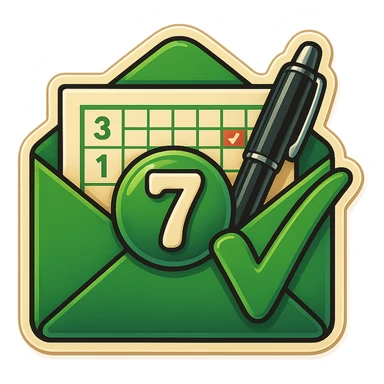 Regenerate the emoji keeping the envelope and calendar composition with a bold green checkmark. Change the number inside the circular badge on the calendar to '7'. Replace the current pen icon with a more formal, classic-looking pen, such as a fountain pen or a sleek, professional ballpoint pen. Maintain the original style, color scheme, and overall composition of the retro stickers style. sticker