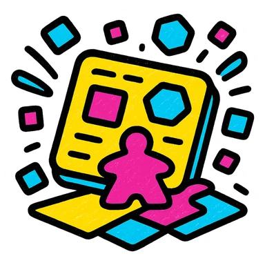 playful icon of a board game with scattered square and hex tiles, radiating joy and fun, perfect for a Discord community sticker