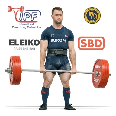 Powerlifter europeo in gara ufficiale di federazione, ispirato all'immagine di riferimento, abbigliamento da competizione, palco con loghi federali, bilanciere carico, atmosfera realistica, 8 varianti con diverse pose, espressioni e dettagli di gara, isolated on white background. sticker