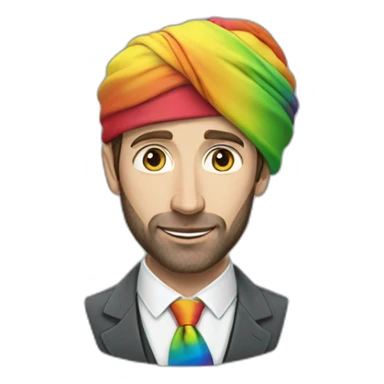 Gareth Southgate wearing a turban and waistcoat and a rainbow tie sticker