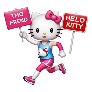 hello kitty cheering on a friend running the marathon, where she is holding a marathon sign. make sure the fae looks exactly like hello kitty - give her eyes and a nose but no mouth sticker