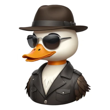 Cute white anthropomorphic duck gangster in black fedora hat, large sunglasses, orange beak, leather jacket. Glossy 3D cartoon emoji style, vibrant, detailed feathers/textures, side profile pose, transparent PNG background, ultra-detailed 8k, no text.
 sticker