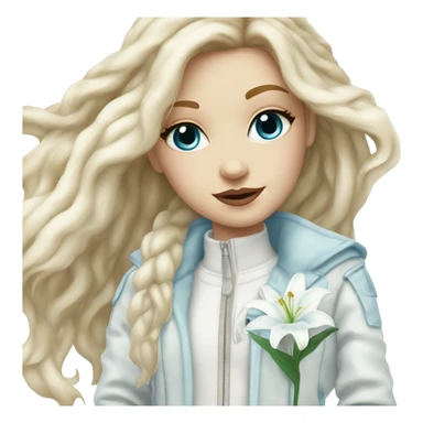 blonde hair white girl with long hair, in a white patched jacket with light blue patches, light blue eyeshadow… holding a white lily ethereal sticker