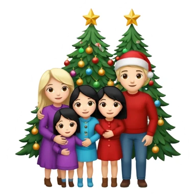 Generate Christmas-style emojis  family. Where light-skinned people stand near the tree all together, hugging and smiling.  girl should be Light-haired woman, woman, black-haired woman, and 1 man . Add 4 people: Mother, Sister, Sister, Brother  sticker