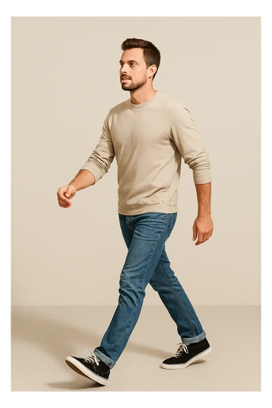 a man walking with purpose, mid-stride, looking ahead, casual clothes, simple background sticker