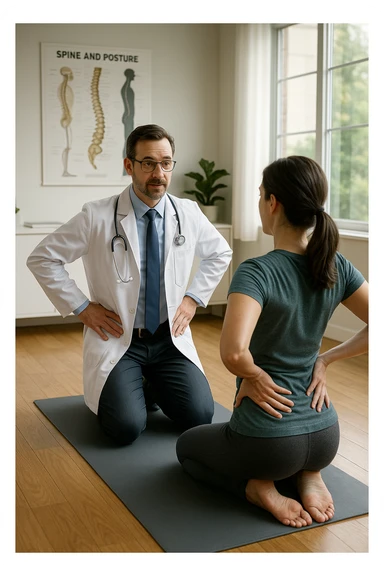 A realistic, cinematic illustration of a professional doctor in a white coat inside a bright, modern medical office, demonstrating a simple stretching exercise to a patient for improving posture. The doctor, calm and encouraging, shows a gentle spinal extension stretch while explaining its benefits for posture and spinal health, with an anatomical poster of the spine and posture alignment in the background. The scene includes a yoga mat, clean wooden floors, and natural light streaming through large windows, creating a warm, health-focused atmosphere. The patient, in comfortable activewear, watches and mirrors the stretch, emphasizing the preventive and therapeutic role of stretching for posture correction under medical guidanc sticker