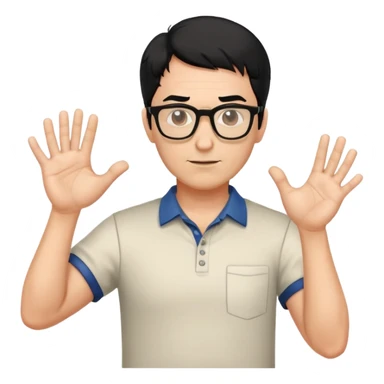 professor with black hair and glasses wearing shirts, no mustache, with hands positioned as if grabbing an invisible rugby ball sticker