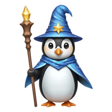 penguin wizard holding a staff wearing a pointed hat magical sparkles sticker