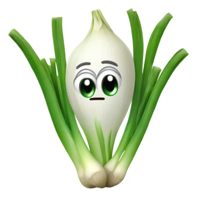 3D Cheerful green onion with big expressive eyes, a wide smile, and a few green stalks on top. Designed in a cute, cartoonish style with vibrant colors. sticker