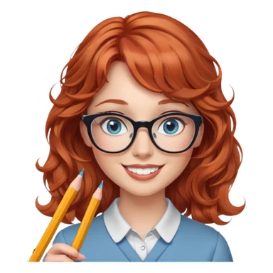 redheaded woman with wavy hair and bangs, blue eyes, glasses, chic outfit, holding a pencil, smiling sticker