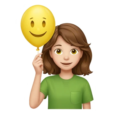 Teen girl wavy brown hair, green shirt, with smiley-face balloon sticker