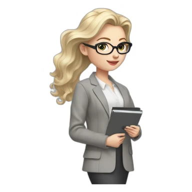 full height pale skin woman with cold blonde hair, Care haircut, White blouse, Gray oversize jacket, Gray skirt and metal glasses holding a color palette in the hands of a color palette sticker